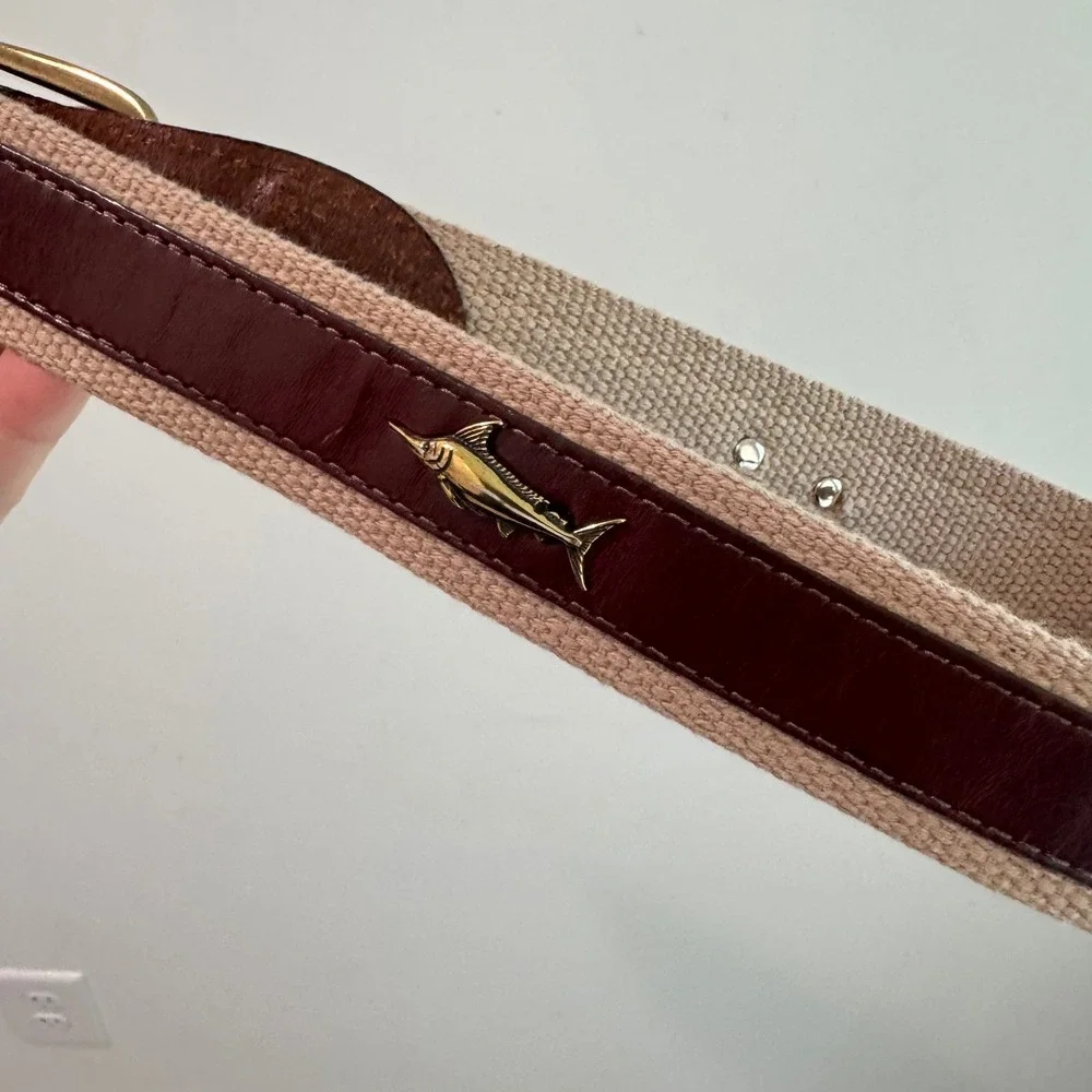 Brighton Nautical Canvas Leather Belt Brass Marlin Tuna‎ Fish  Brown Tan 44